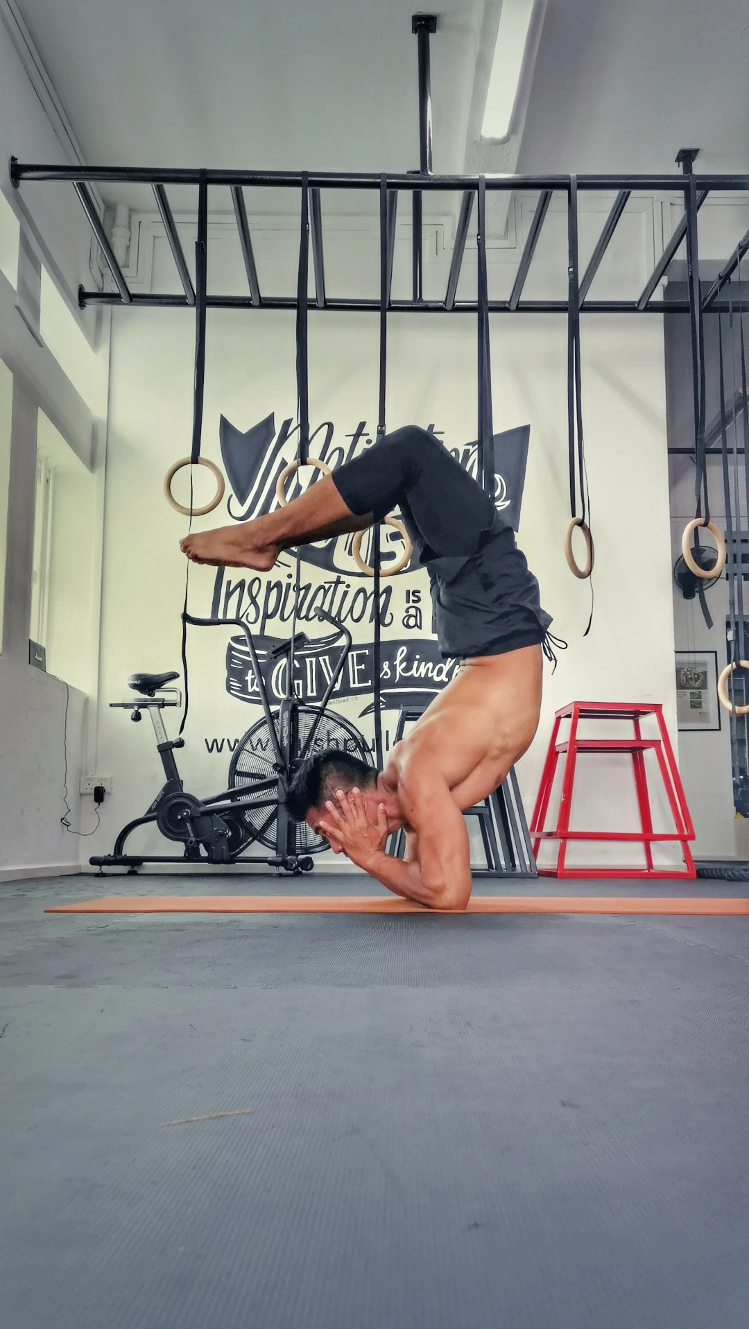 Professional handstand practice demonstrating core strength and balance